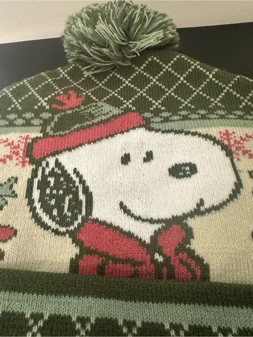 Peanuts /Snoopy Olive Green Knit Hat with Pom Pom with Pink details winter